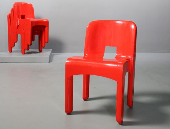 Roter Plastikstuhl von Joe Colombo für Kartell, 4 Stühle im Shop